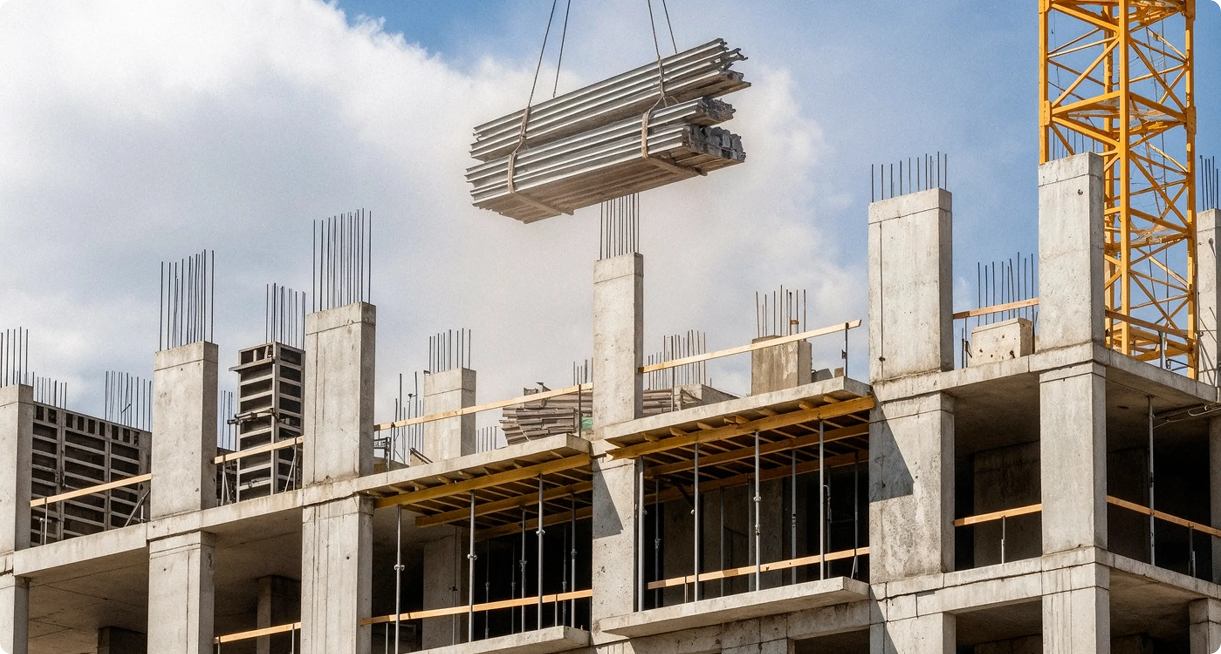 Crane lifting steel over a building under construction