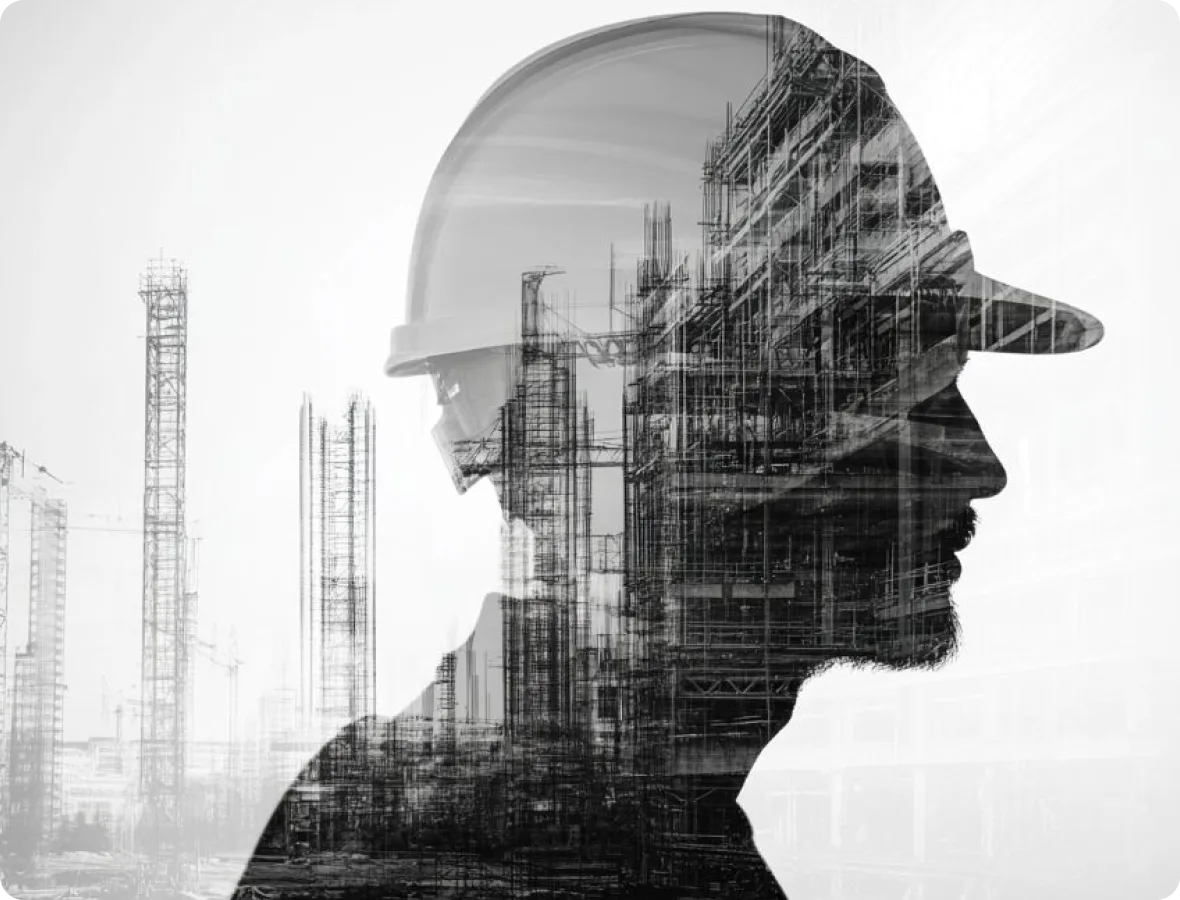 Silhouette of a construction worker overlaid with a building site